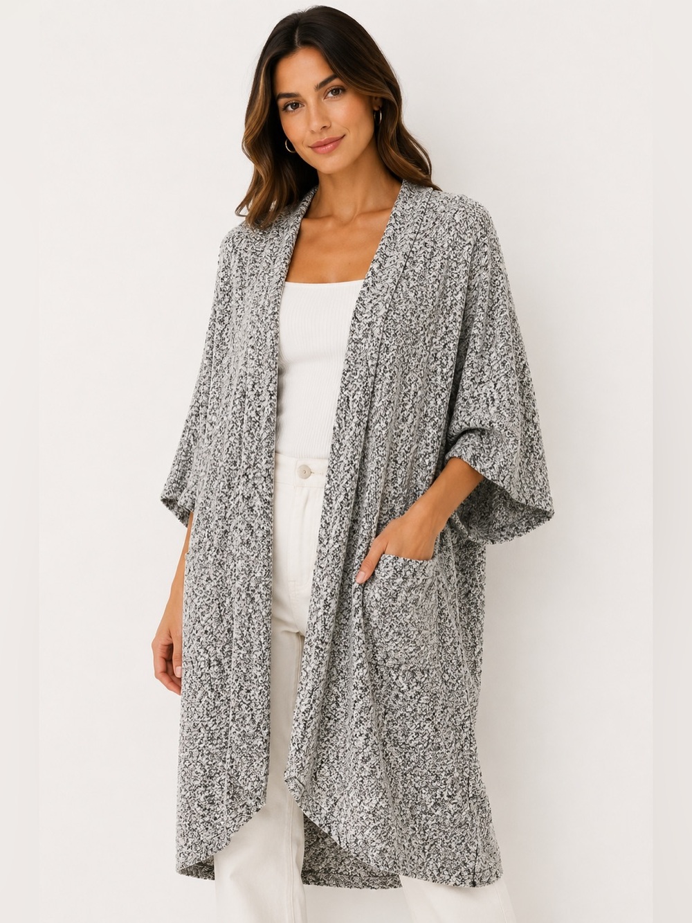 Anthropologie Dolan Cozy Open-Front Long Cardigan Duster - Speckled Gray XL